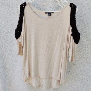 Rue21 American Dream Cream Tan Top with Black Crochet Sleeves Shoulder cutout